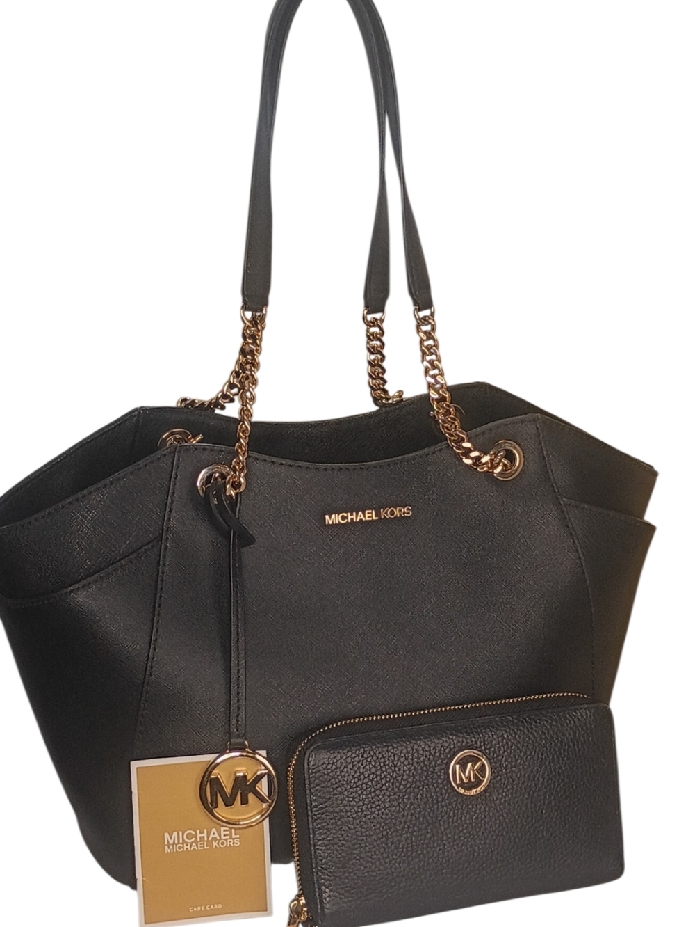 Michael Kors Jet Set Travel Large Chain Shoulder Tote Bag & Wallet Set Black Gol